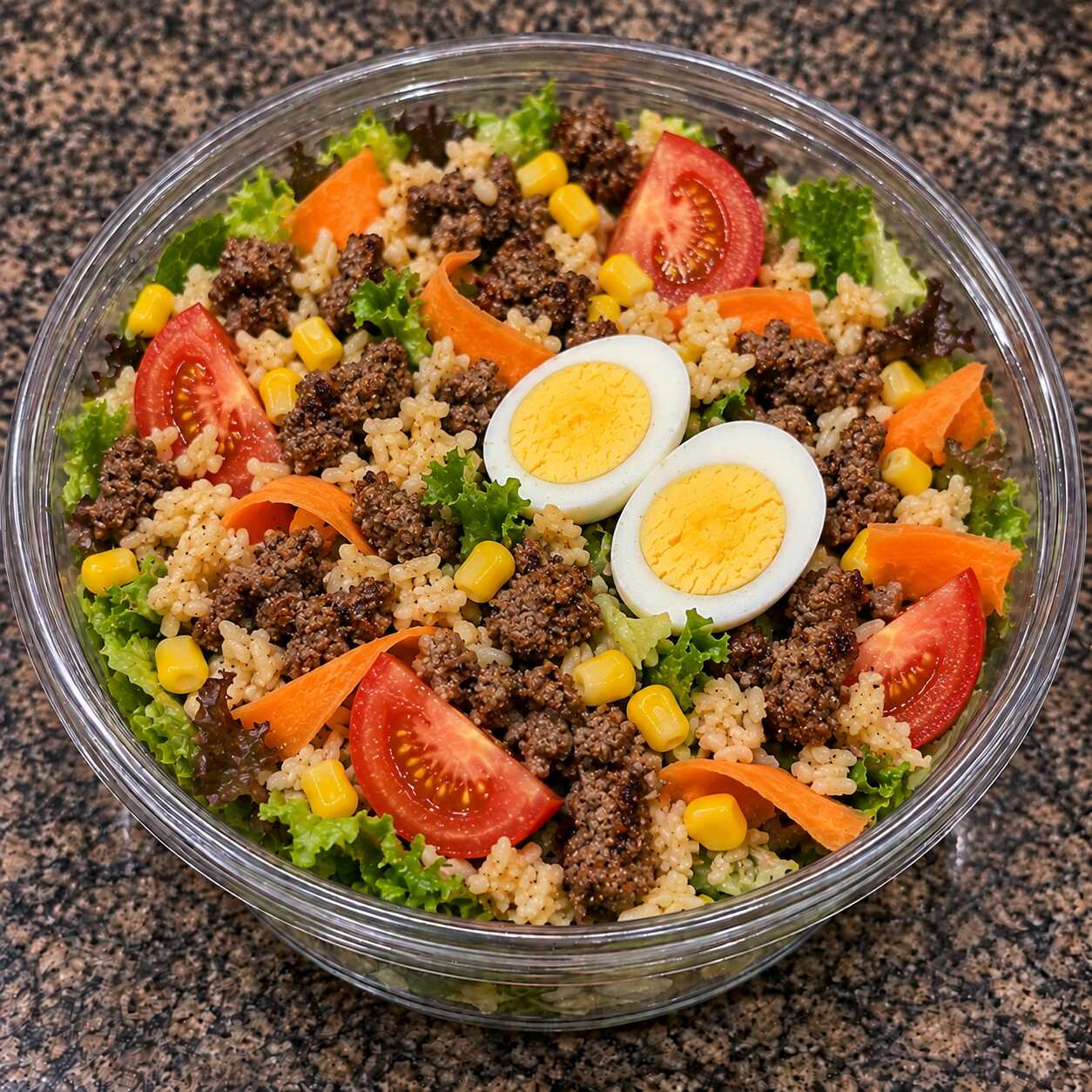 Aquele sabor de comida bem feita em uma combinação equilibrada de carne moída temperada, arroz integral, mix de folhas, cenoura, tomate, milho e ovo.