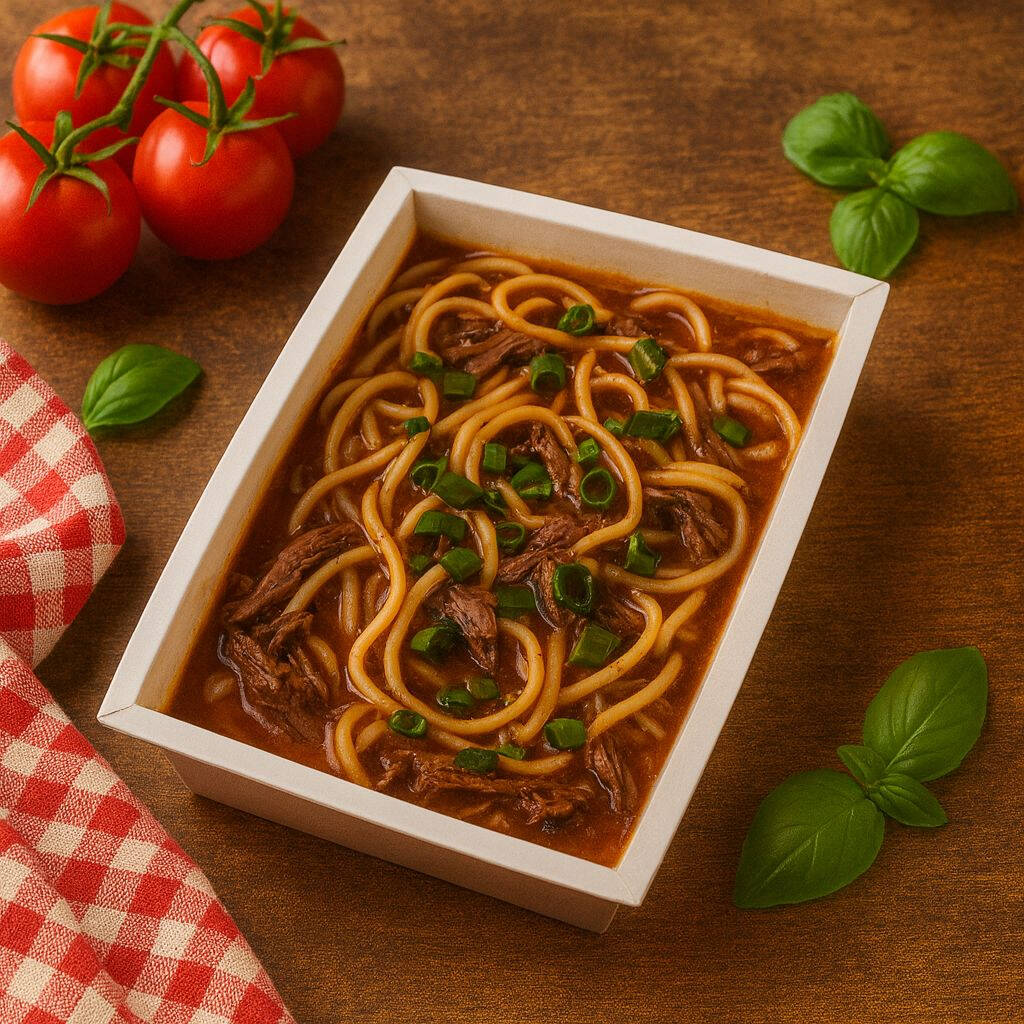 Espaguete al dente, molho artesanal e carne louca desfiada que derrete na boca. Um clássico italiano com um toque caseiro irresistível. Selado em 500g de sabor e frescor. Clique e peça agora para matar sua fome com estilo!