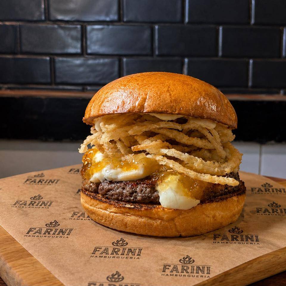 Pão brioche, Blend Angus 160g na brasa, fonduta de gorgonzola maçaricada, geleia de pimenta artesanal e crispy de cebola.