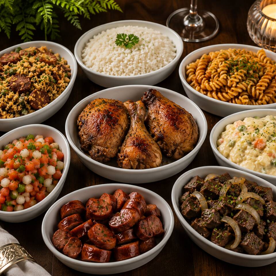 ARROZ, FEIJÃO, MACARRÃO, SALADA MAIONESE, VINAGRETE E VERDURAS + 10 PROTEINA DIVIDIDAS EM BOI, FRANGO, TOSCANA E SUINO