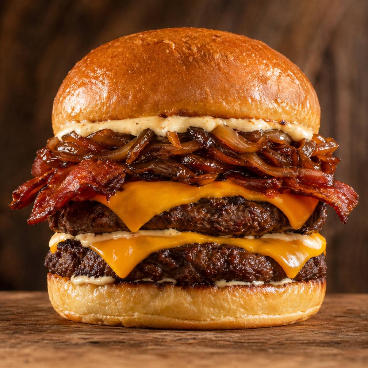 Pão de brioche, Dois hambúrguer angus 160g, queijo, bacon crocante, cebola caramelizada e maionese grill.