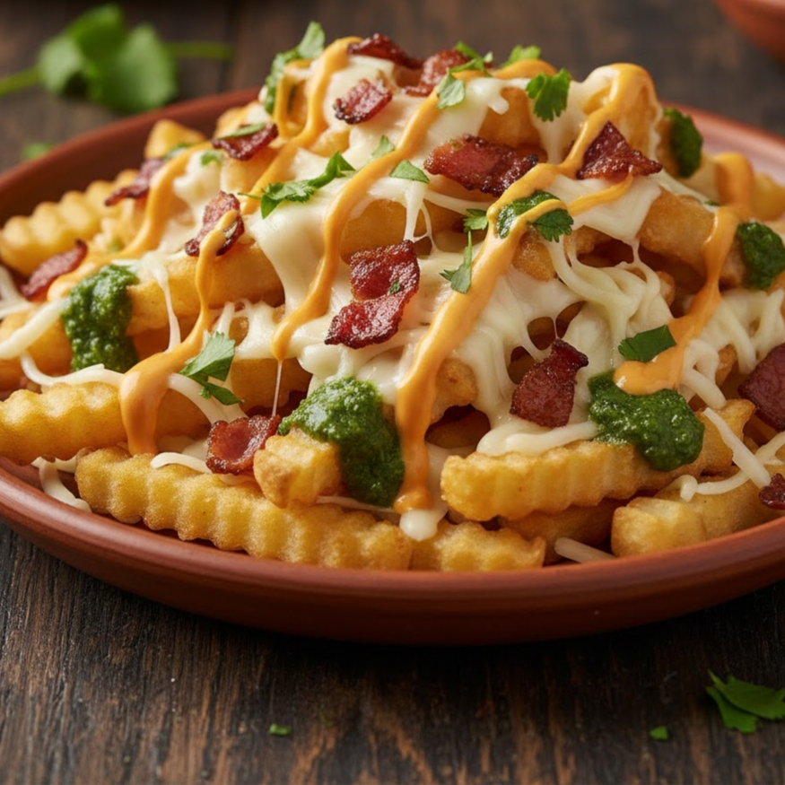 Batata crinckle, queijo mussarela ralada, bacon, cheddar e molho especial