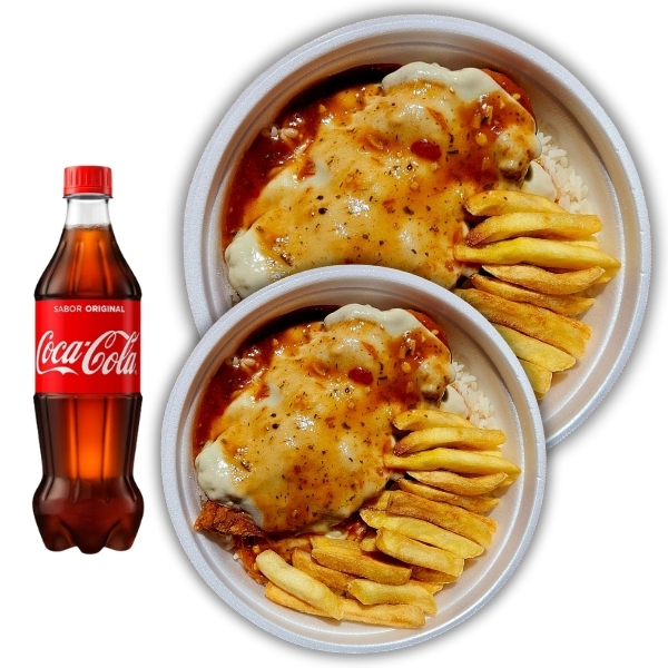 Parmegiana de frango em dobro, bem recheada de molho e queijo, arroz soltinho, fritas douradas e Coca-Cola 600ml pra completar!