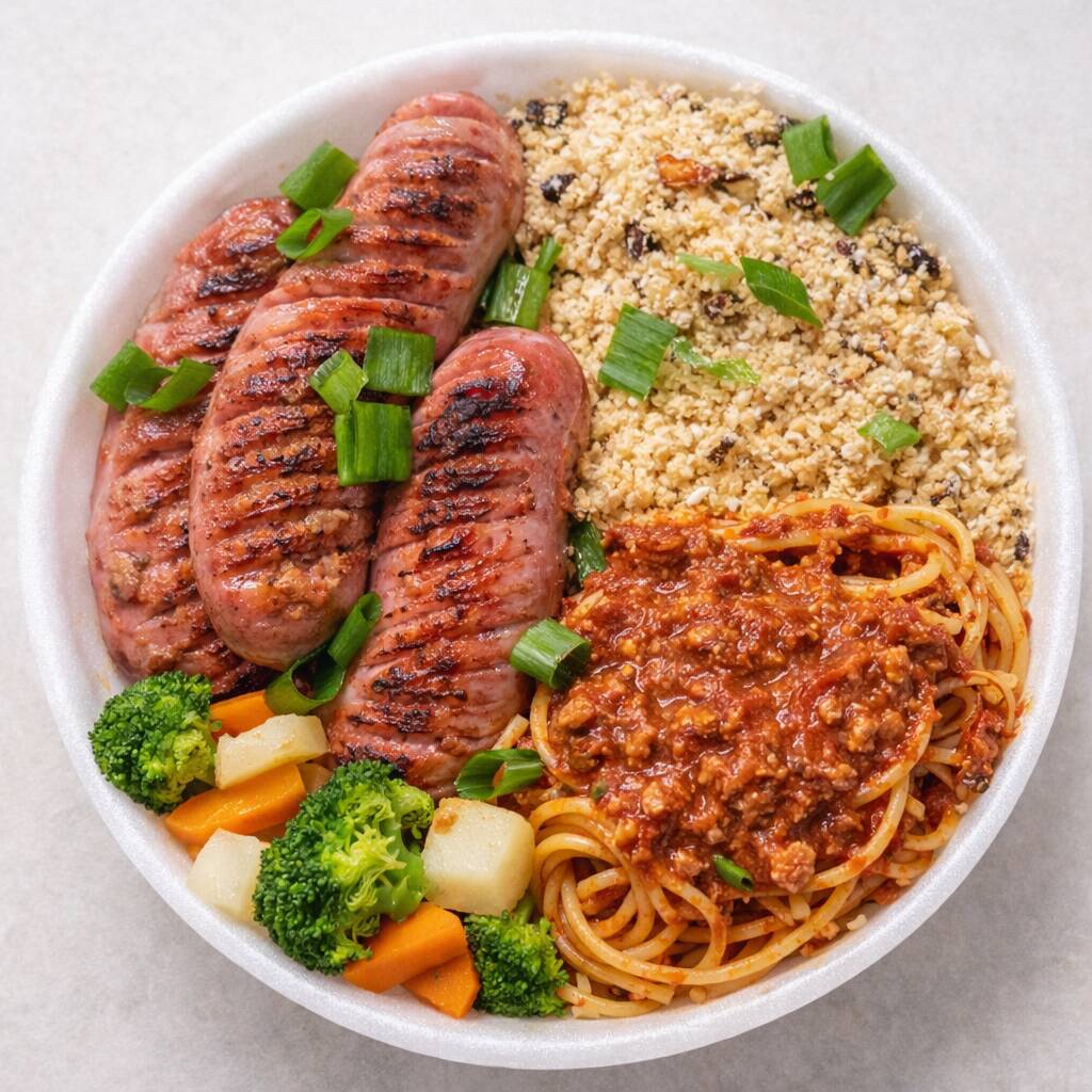 Almoço completo e caprichado com linguiça assada suculenta! Marmitex bem servido com arroz soltinho (branco ou à grega), feijão caseiro (refogado, tutu ou tropeiro), espag uete (à bolonhesa ou alho e óleo) e batata à escolha (frita, cozida ou purê). Acompanha legumes no vapor e salada fresca (maionese, salpicão ou vinagrete)