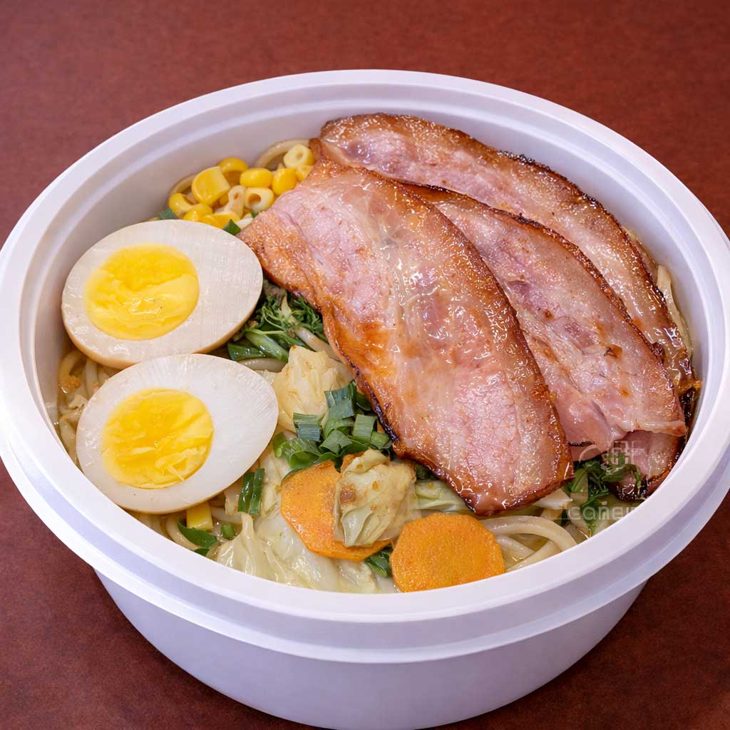 Misso lamen bacon vai ovo com gema cremosa, legumes refogados e 3 fatias de bacon de copa lombo. O caldo vai em uma embalagem separada para conservar a qualidade dos ingredientes, principalmente a massa do lamen. (imagem ilustrativa) Nosso misso lamen é preparado com o caldo de galinha de produção própria que leva mais de 6 horas para ficar pronto. Também na pasta de misso são acrescentados mais 10 temperos japoneses e orientais para acrescentar mais sabor ao caldo. A massa utilizada tem 30cm de comprimento seguindo a tradição dos melhores lamenyas do Japão, inclusive com farinha de trigo importada. O resultado é um lamen preparado com muito cuidado e carinho e com sabor que irá surpreender.