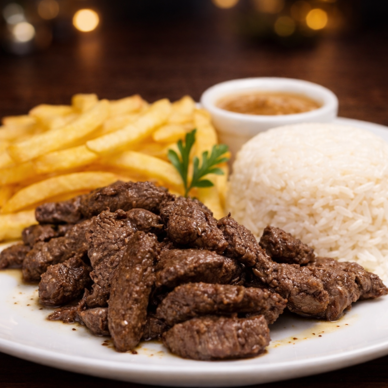 Tirinhas de filé mignon macias e suculentas, preparadas no ponto certo para agradar o paladar dos pequenos. Acompanha arroz soltinho, feijão caseiro e batatas fritas douradinhas e crocantes. Um prato completo, saboroso e que faz sucesso garantido!