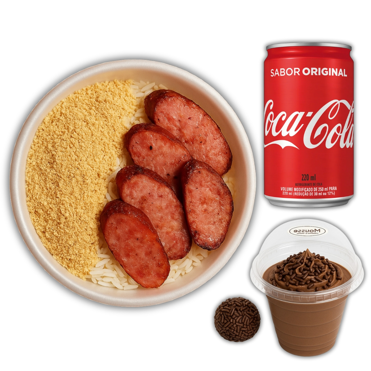 acompanha arroz, feijão carioca, linguiça toscana e farofa temperada