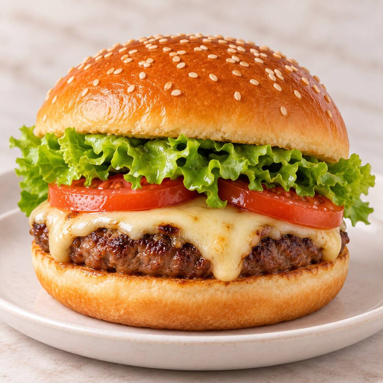 Hambúrguer com mussarela, alface e tomate, servido em pão macio.