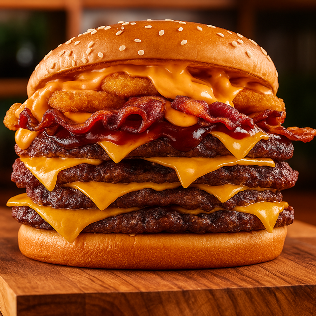 Pão, 4 carnes, 4 queijos, bacon, molho e anéis de cebola