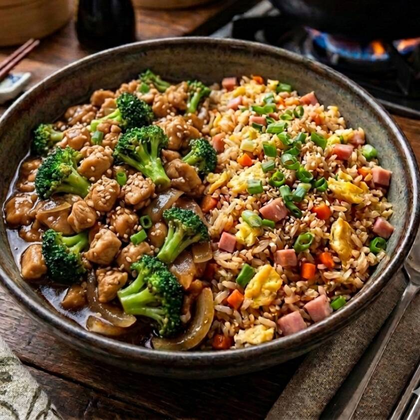 Frango em cubos salteadas na wok com brócolis, ao estilo oriental, envoltas em molho especial da casa. Acompanham yakimeshi, arroz frito na wok com presunto, cenoura, cebolinha e ovo, temperado com um leve toque de shoyu. Uma combinação cheia de sabor e tradição. Meia porção 600gr. Porção Grande 950gr