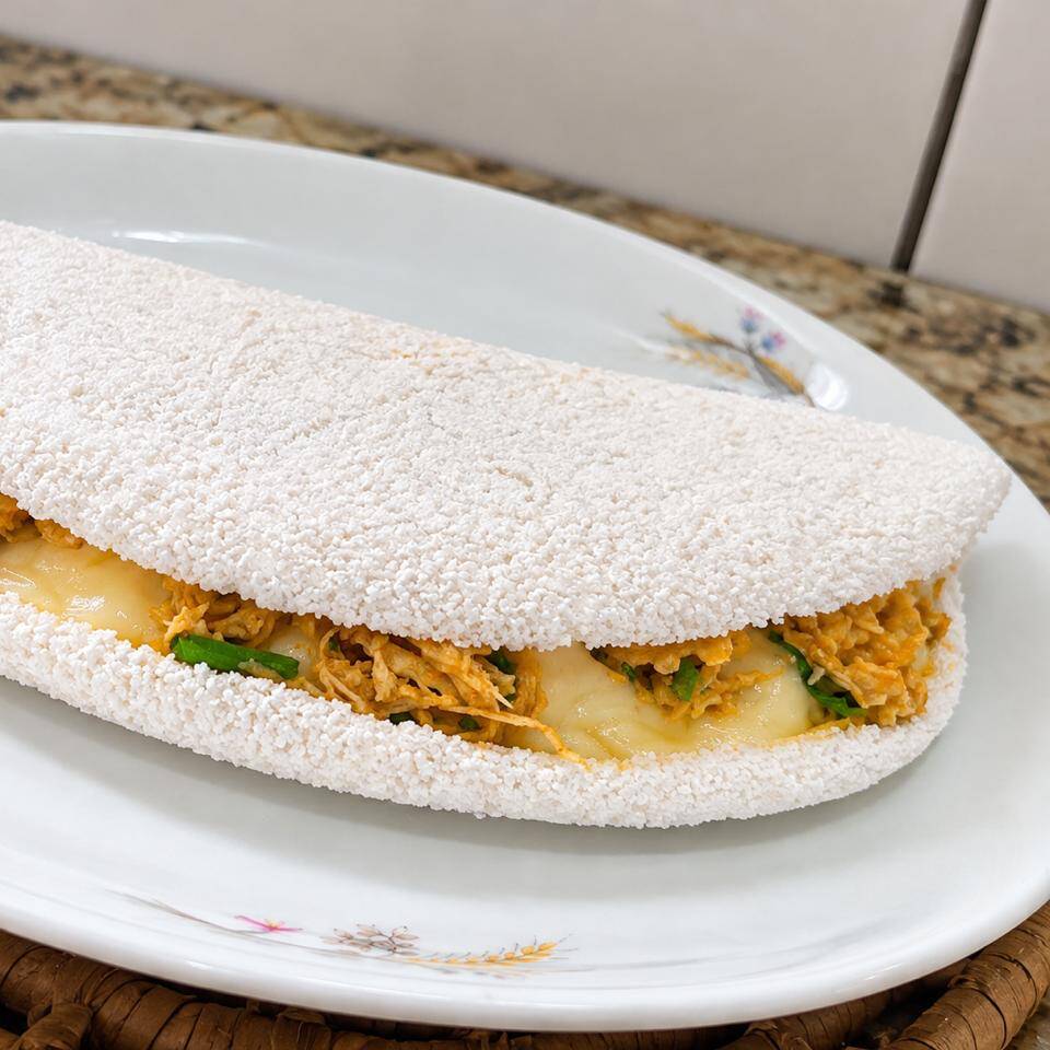 Goma hidratada, recheada com frango desfiado bem temperado e requeijão, finalizados com orégano.