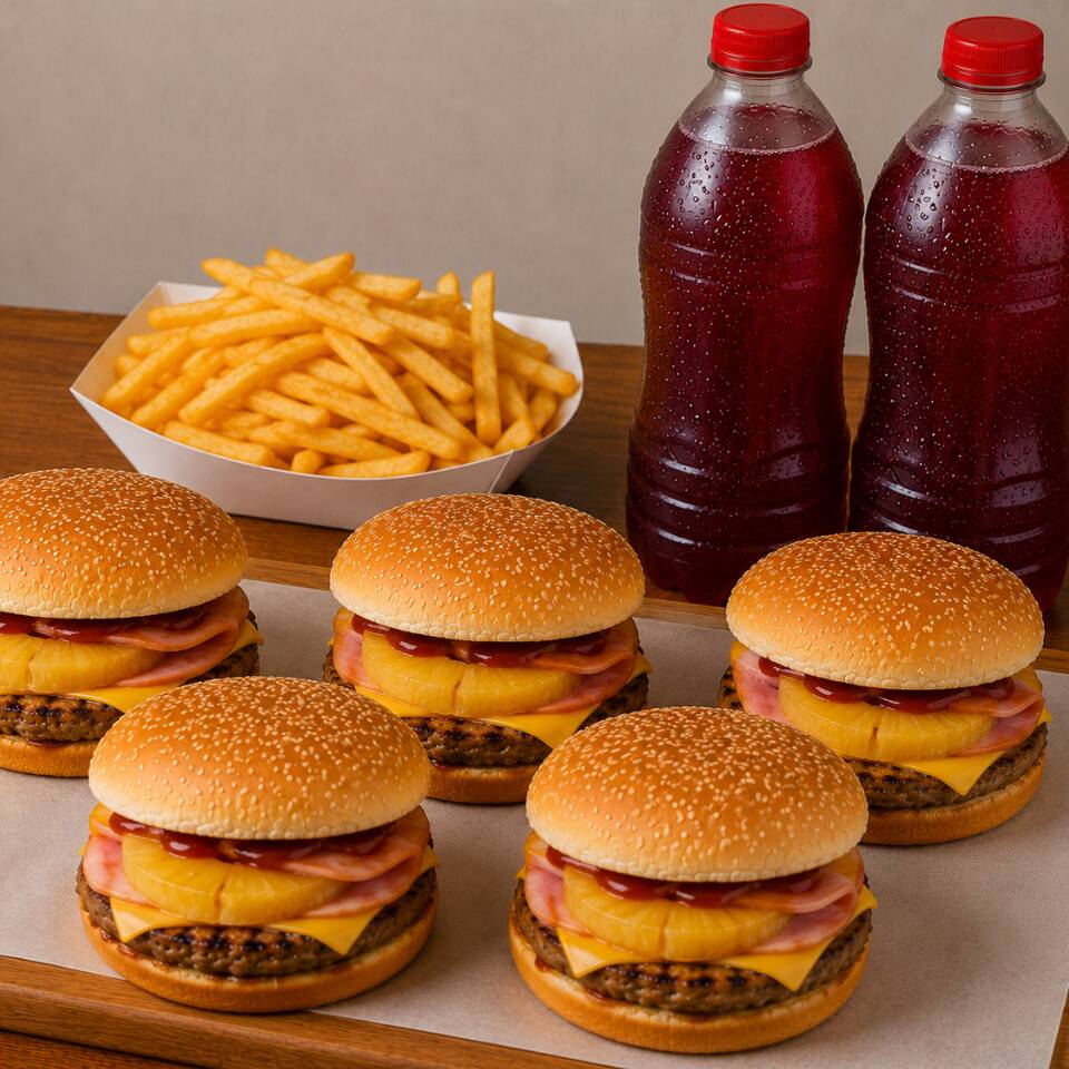 5 Hamburguesas Hawaiana, Porción Papas, y Agua🍔🍟