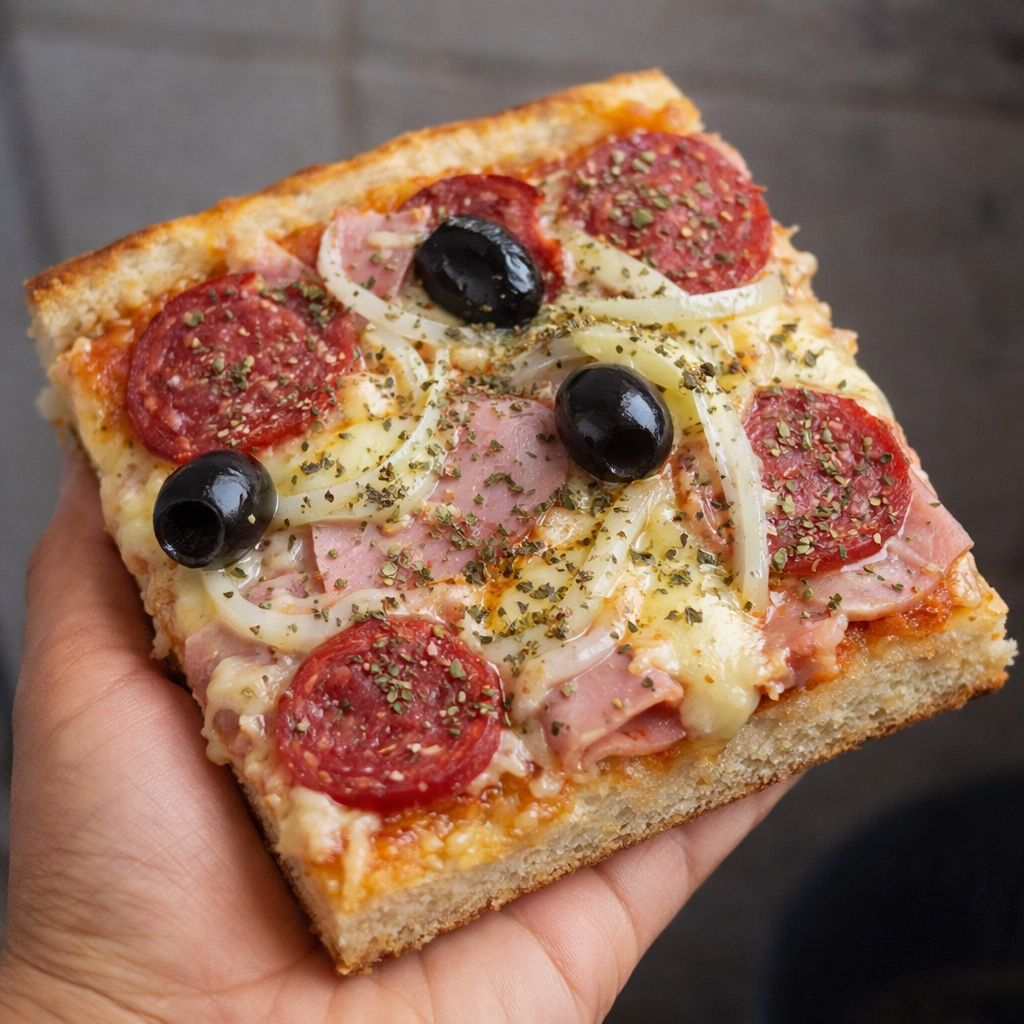 Uma pizza com uma massa bem fofinha, composto queijo, presunto, calabresa, azeitona verdes, cebolas e orégano