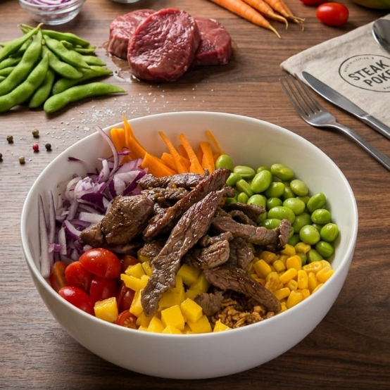 Arroz Japonês, Tiras de Mignom, Pepino, Cenoura, Cebola roxa, Edamame, Tomate cereja, Milho, Manga, Cebola crispy e Molho Mostarda e Mel