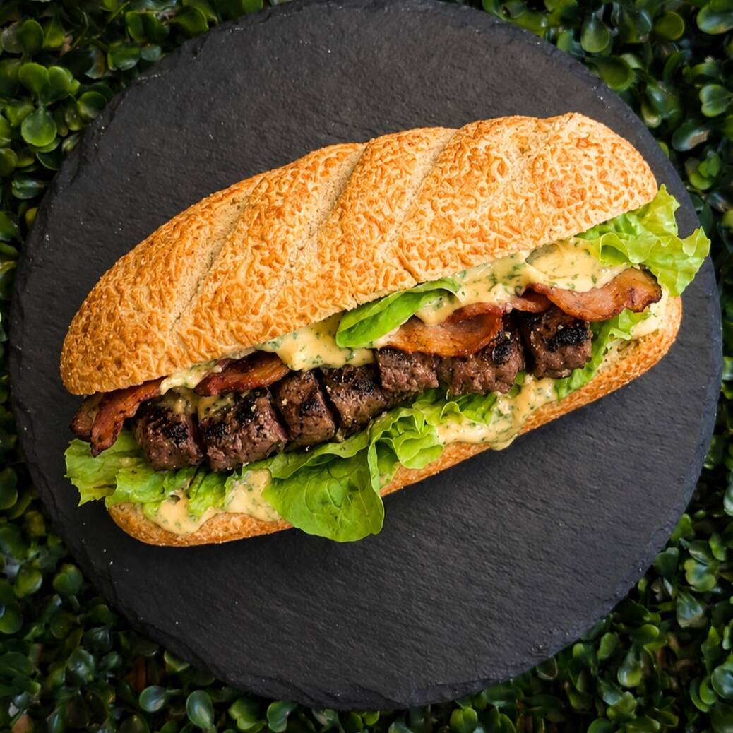 Baguete recheada de Contrafilé Grill, Molho Especial da Casa e Complementos à sua escolha.