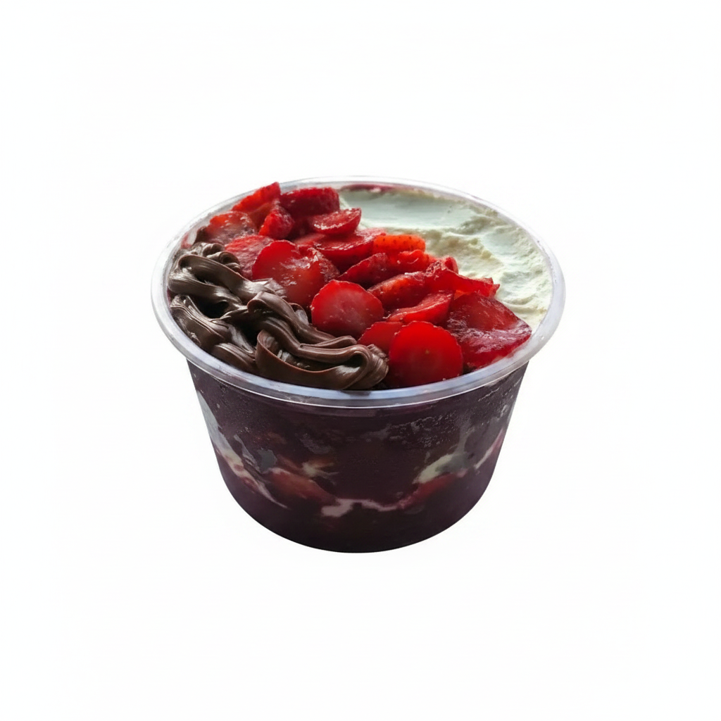 Açai ,morango, Nutella, leite em pó 1º camada: Açai - 2º camada: morango, Nutella, leite em pó - 3º camada: Açai - 4ª camada: morango, Nutela, leite em pó