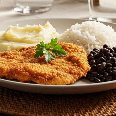 Um suculento filé de frango à milanesa, crocante e dourado por fora, servido com a sua escolha entre purê de batata cremoso ou batatas fritas, além de arroz branco soltinho e nosso feijão com tempero de casa.