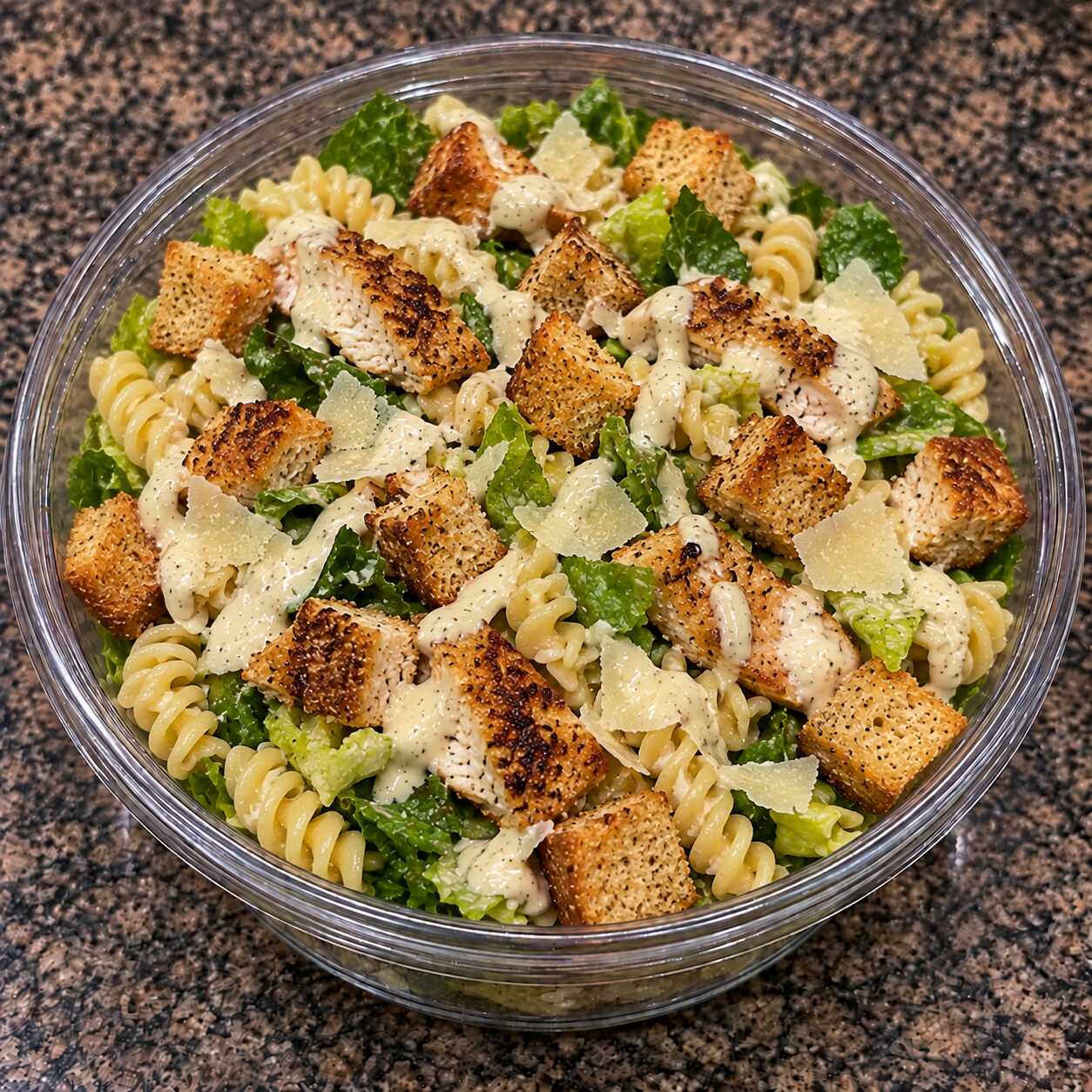 Toda a cremosidade da Caesar em uma versão ainda mais completa: macarrão, frango grelhado, parmesão, croutons, folhas frescas e molho Caesar.