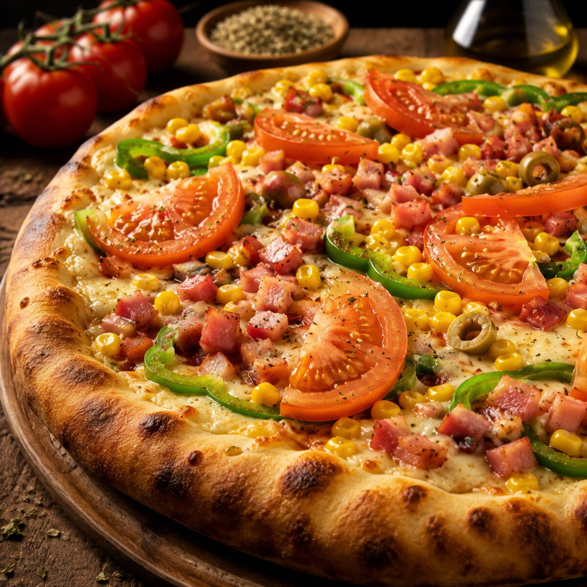 Contem: (molho,presunto,mussarela,calabressa,bacon,cebola,pimentão,tomate,milho e orégano).
