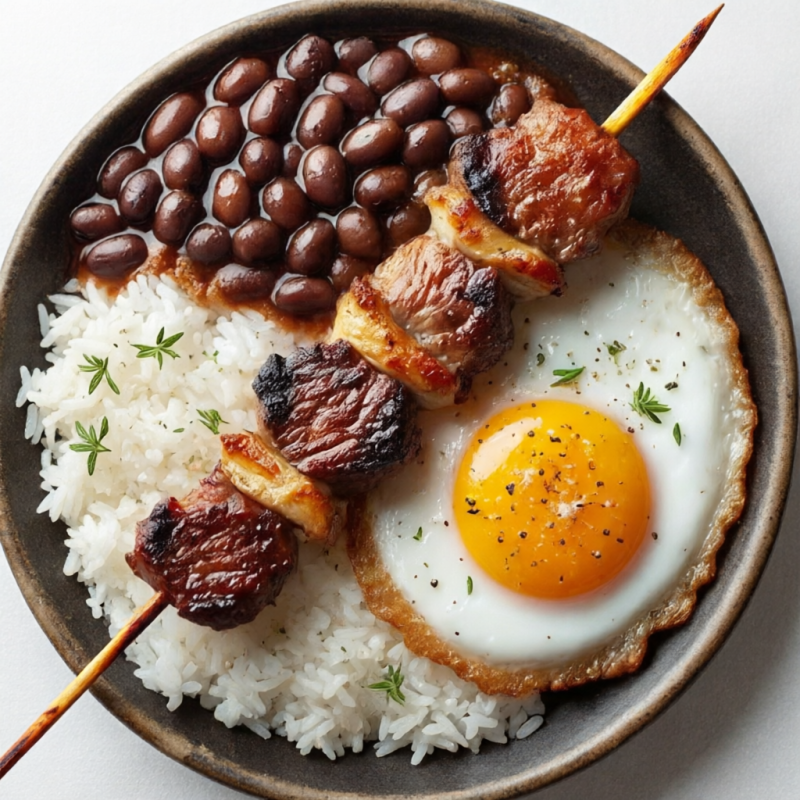 Espeto de Alcatra, Arroz, Feijão e Ovo Frito