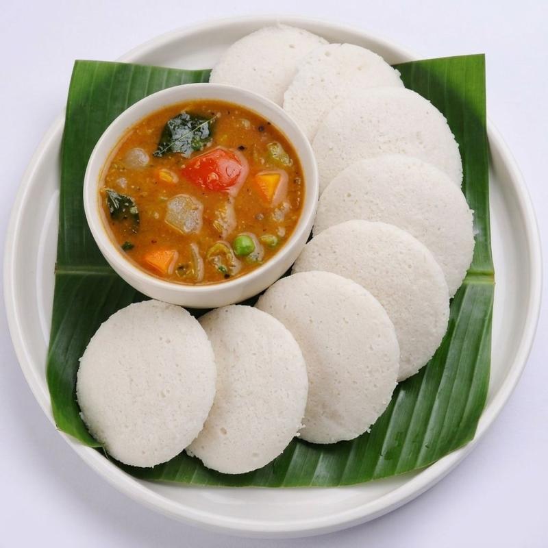 São bolos de arroz macios, fofos, esponjosos e brancos feitos com arroz cozido no vapor. servido com sambhar chutney de coco, pudhina e tomate