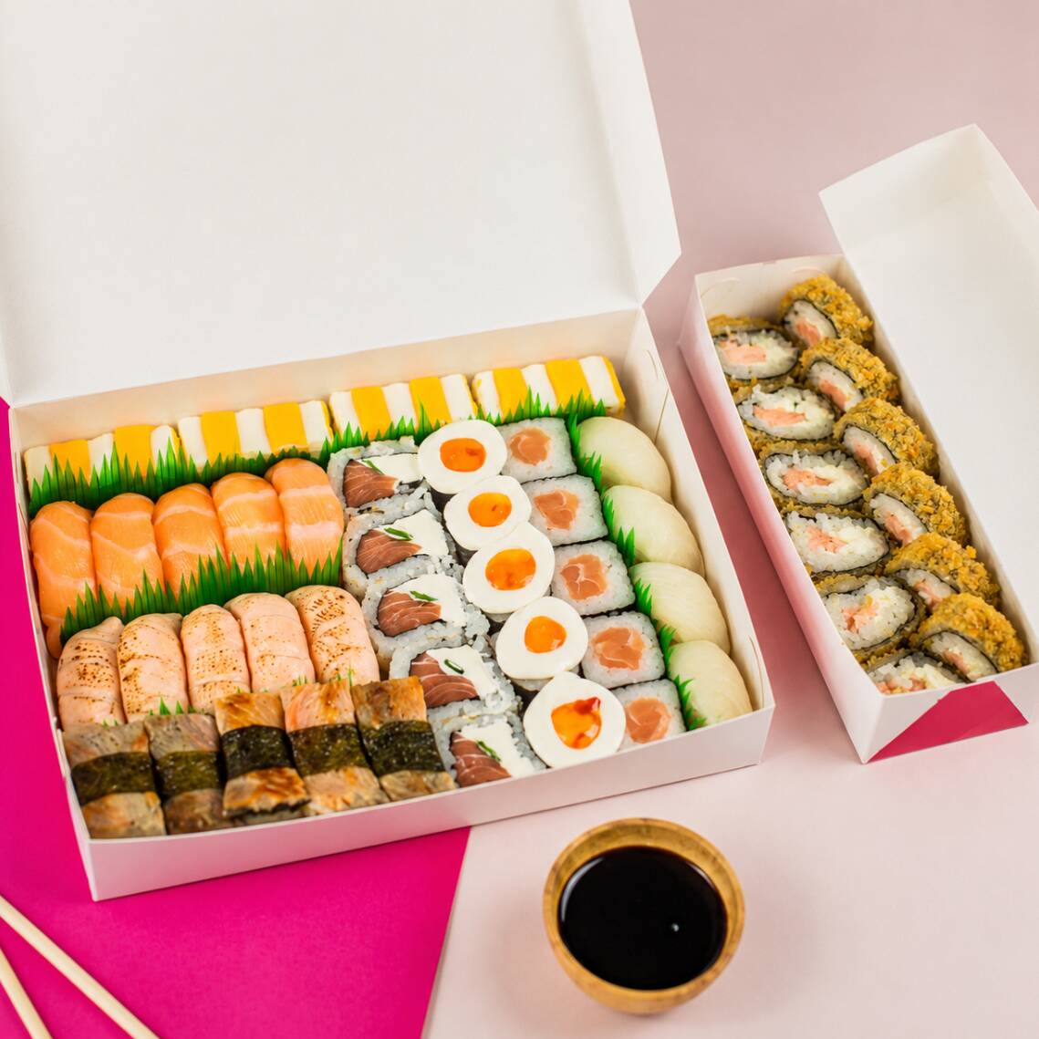 5 Niguiri de salmão fresco, 5 Niguiri de salmão maçaricado, 5 Niguiri skin, 4 Niguiri de peixe branco com conserva de alho poro, 4 Deliciosas tortinhas de salmão com cream chesse e cheddar, 5 Uramaki Filadélfia, 5 Maki salmão, 5 Maki salmão grelhado com cream chesse e geléia doce de pimenta e 12 deliciosos Hots Filadélfia!