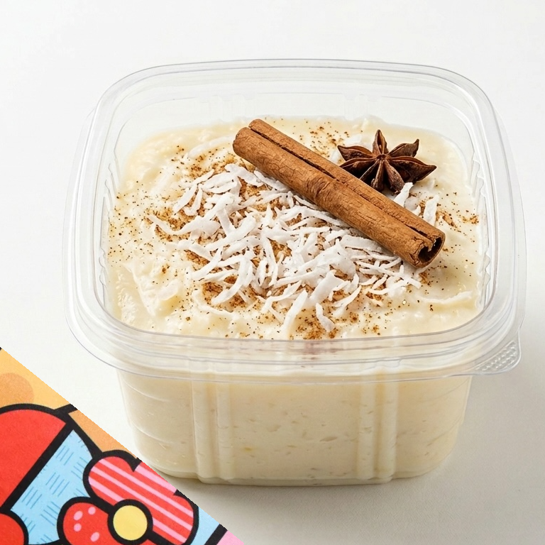 Mingau de Milho Branco ou Mungunzá, feito com leite de côco, creme de leite, leite condensado, côco ralado, coco em cubo e canela. Servido no pote de 260ml.