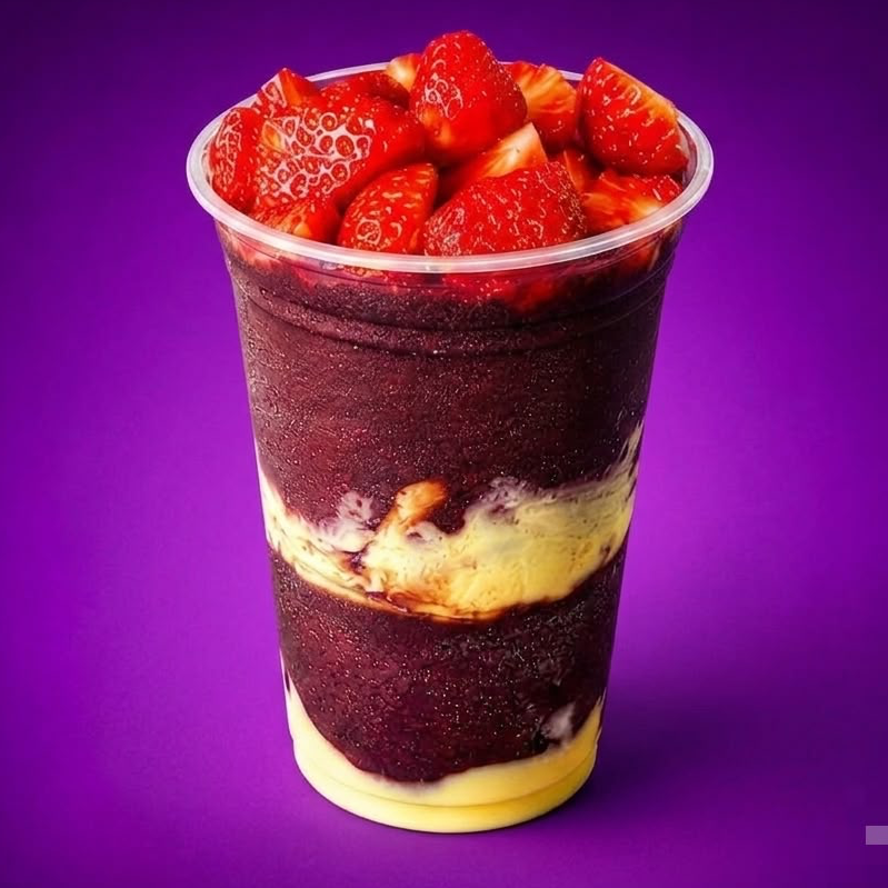 Açaí tradicional, creme leitinho e morango.