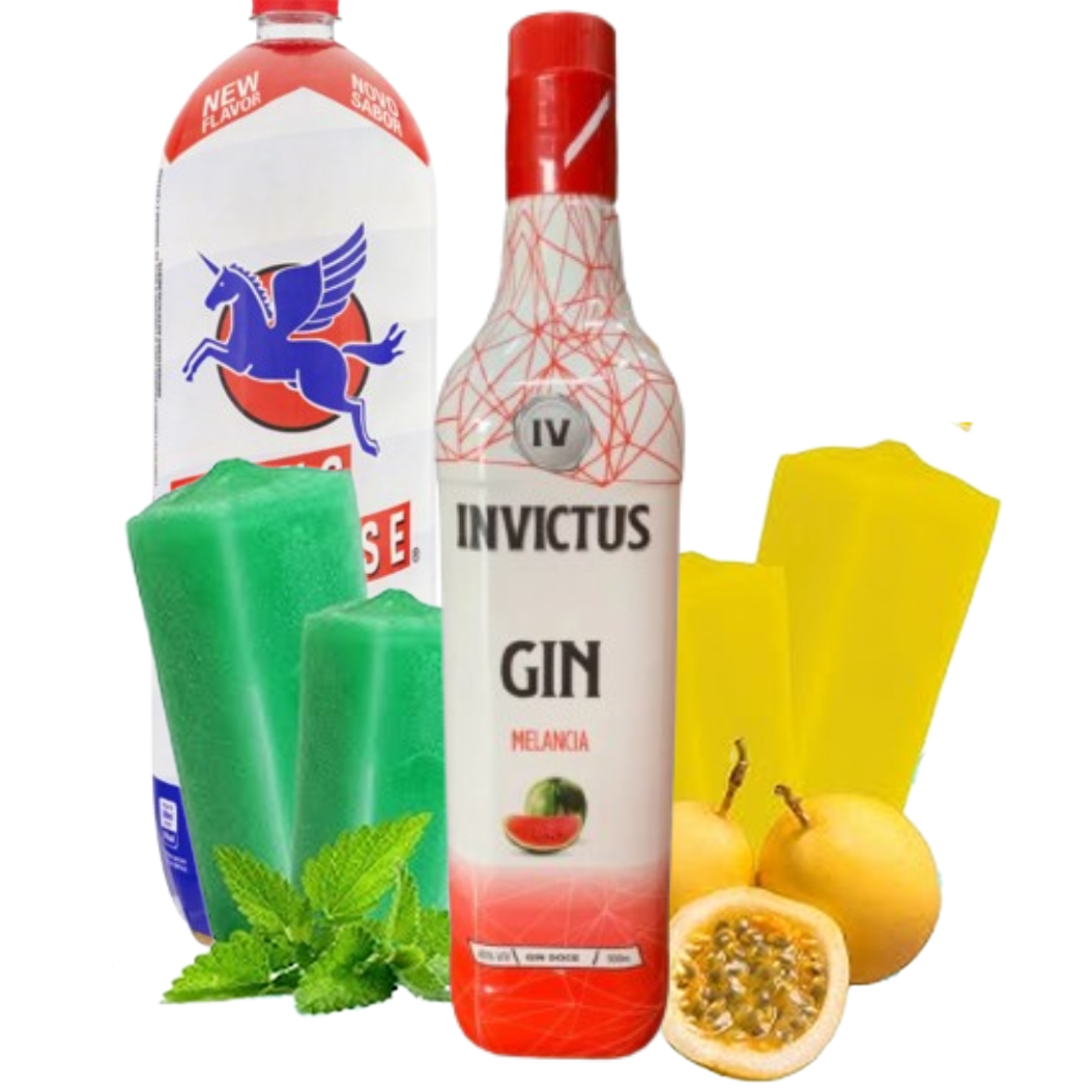 01 Gin de Melancia Invictus 1L + 01 Enerético 2L + 04 Gelo de Sabor