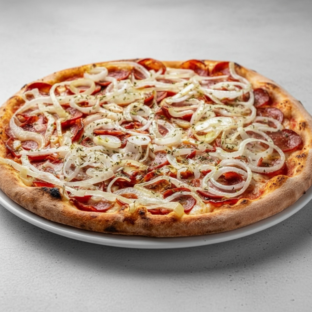 Pizzas 8 pedaços, sabor único, recheada com delicioso molho especial da casa, calabresa, cebola e uma pitada de orégano