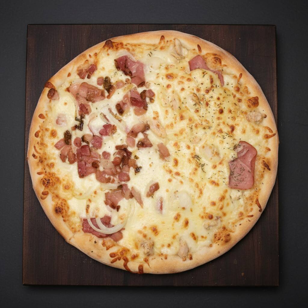 Bacon de um lado, Catupiry do outro? Já pensou? Com muita calabresa, bacon, cebola e mussarela de um lado e mussarela, frango Catupiry do outro lado.