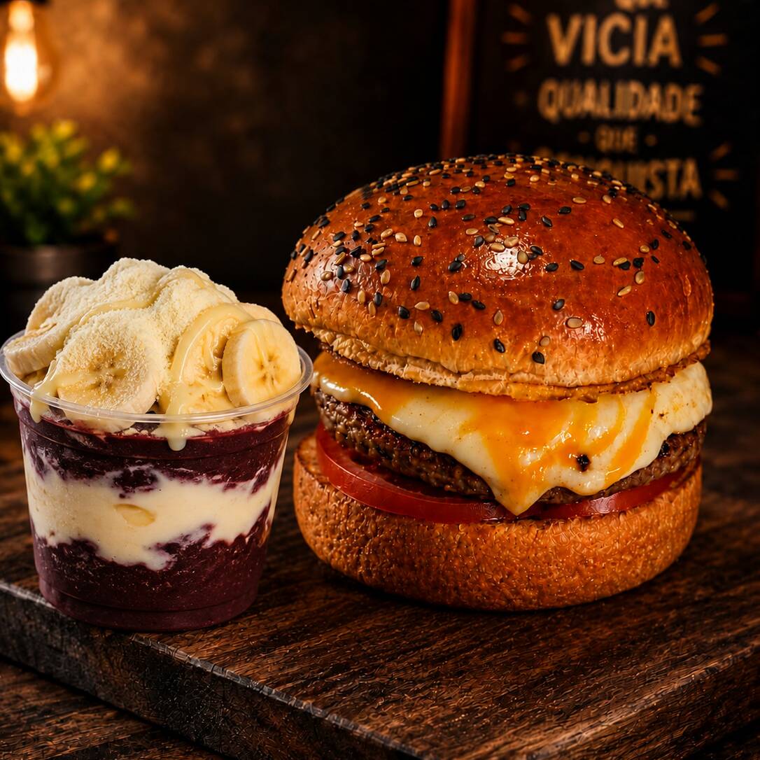 pão,carne 56g,mussarela,ovo,tomate,batata palha e molho barbecue + açai 300ml tradicional, leite em pó, banana e leite condensado