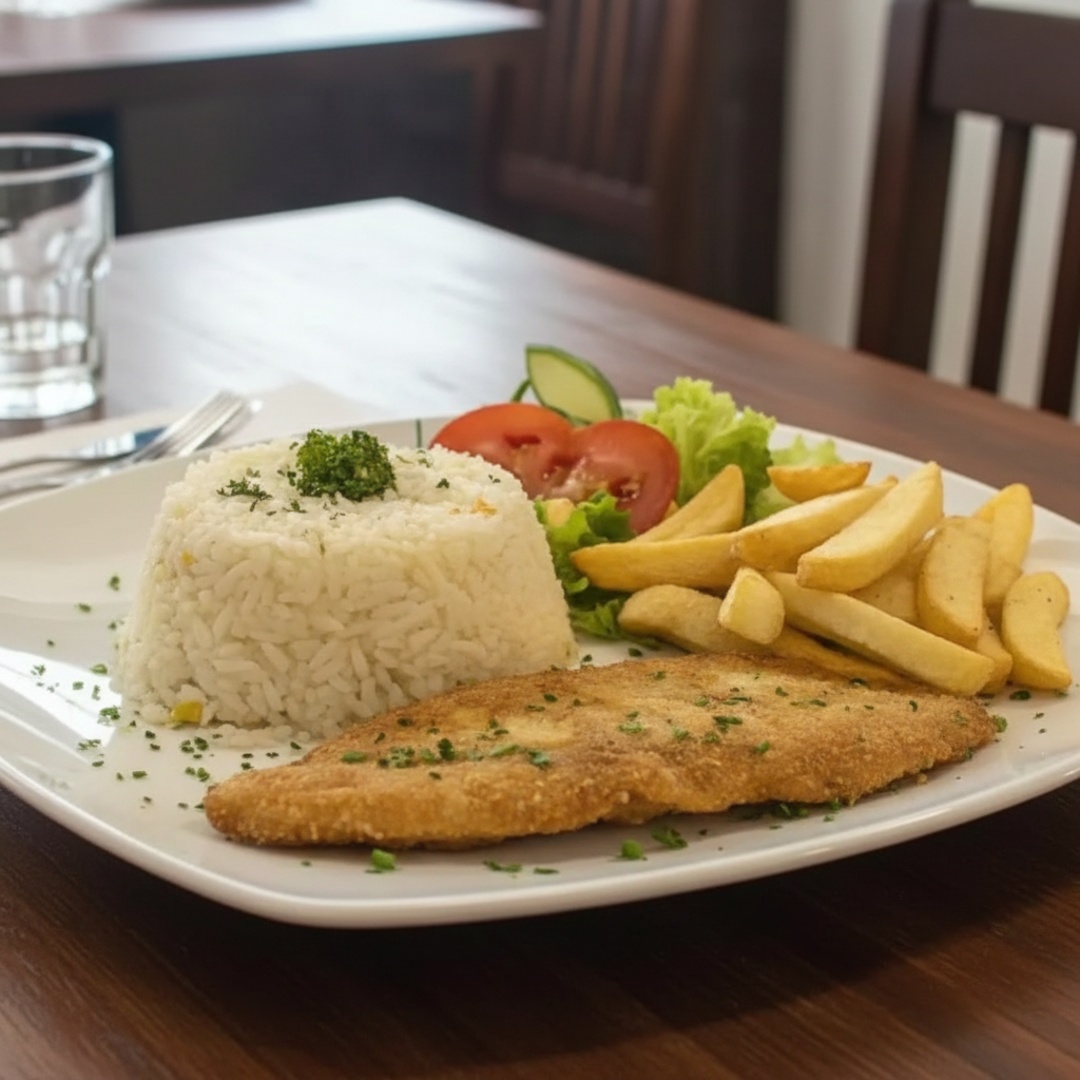 Nossa Deliciosa Marmita Acompanha Arroz Branco Soltinho, Feijão Delicioso, Peixe à Milanesa, Batata Frita Crocante e Salada.