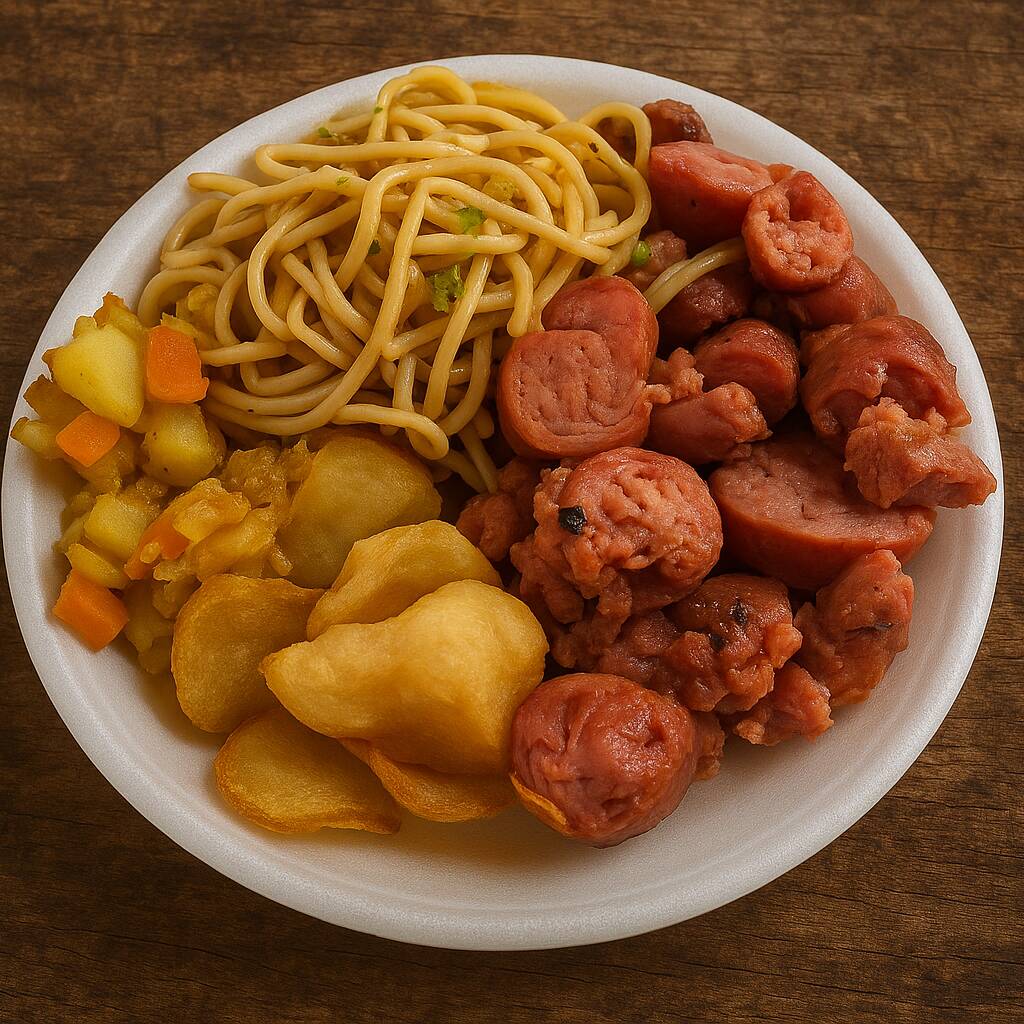 Arroz branco , feijão de caldo, legumes, macarrão, banana frita, mandioca cozida e linguiça toscana assada na brasal. ACOMPANHA MIX DE SALADA Obs. : Na falta de um dos acompanhamentos será substituído por algum item do cardápio do dia.