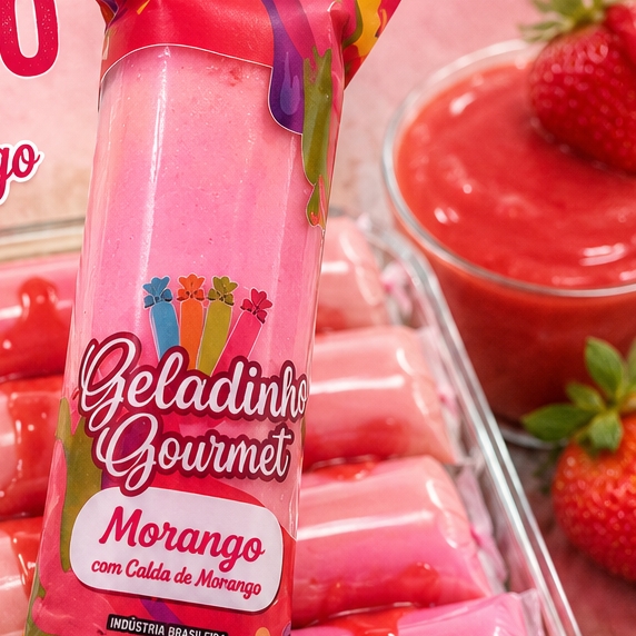 Geladinho gourmet sabor morango acompanhado de calda artesanal.