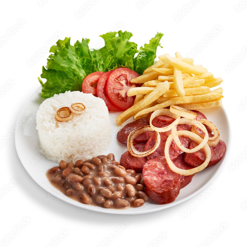 Acompanha: Arroz, Feijão, Calabresa Defumada Frita na Chapa, Fritas, Saladinha do dia Legumes ou Macarrão (se estiver disponível no Dia)