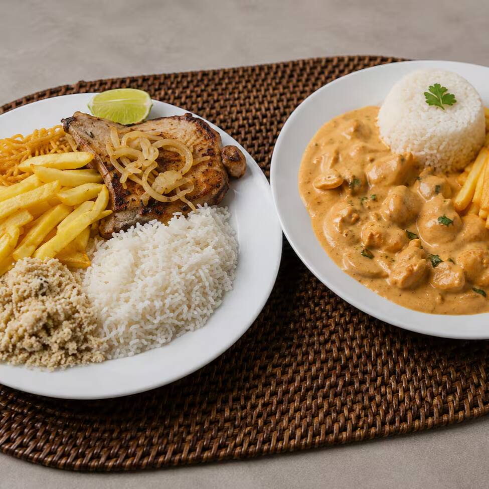 1 quentinha de Carré com Fritas + 1 quentinha de Strogonoff de Frango.