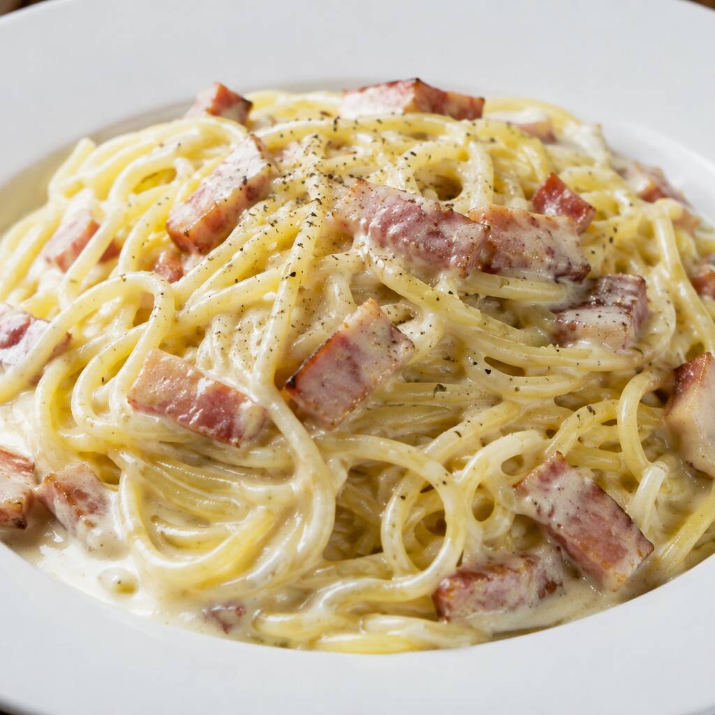 Penne com molho branco cremoso, bacon crocante e queijo parmesão