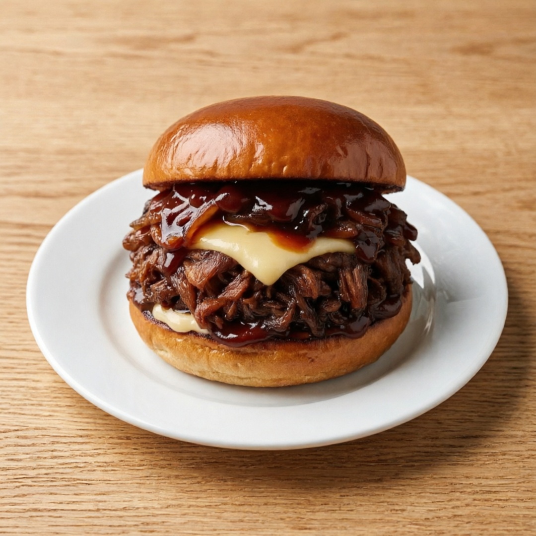Pão tipo brioche, maionese da casa, costela desfiada, mussarela, cebola caramelizada e barbecue. Foto Ilustrativa!