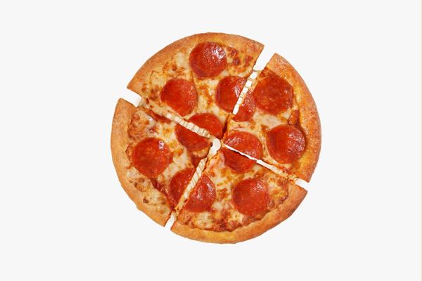 Pizza com 19cm diâmetro cortada em 4 fatias.