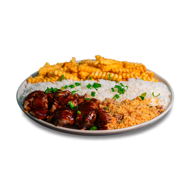 Costela suína com molho Bbq, arroz, farofa com bacon e Hakuna Batata.