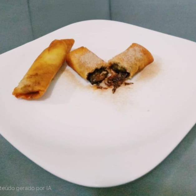 Massa fina crocante recheada com banana e chocolate polvilhado com canela.