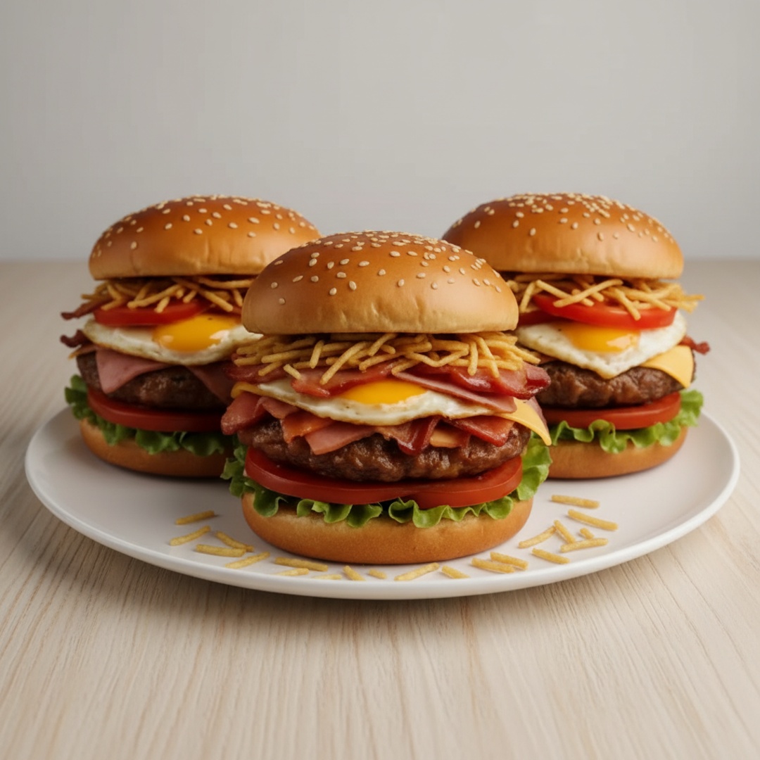 3 x tudos ( pão de hamburguer, alface, tomate, maionese da casa, batata palha, queijo, presunto, ovo, bacon ). Foto Ilustrativa!