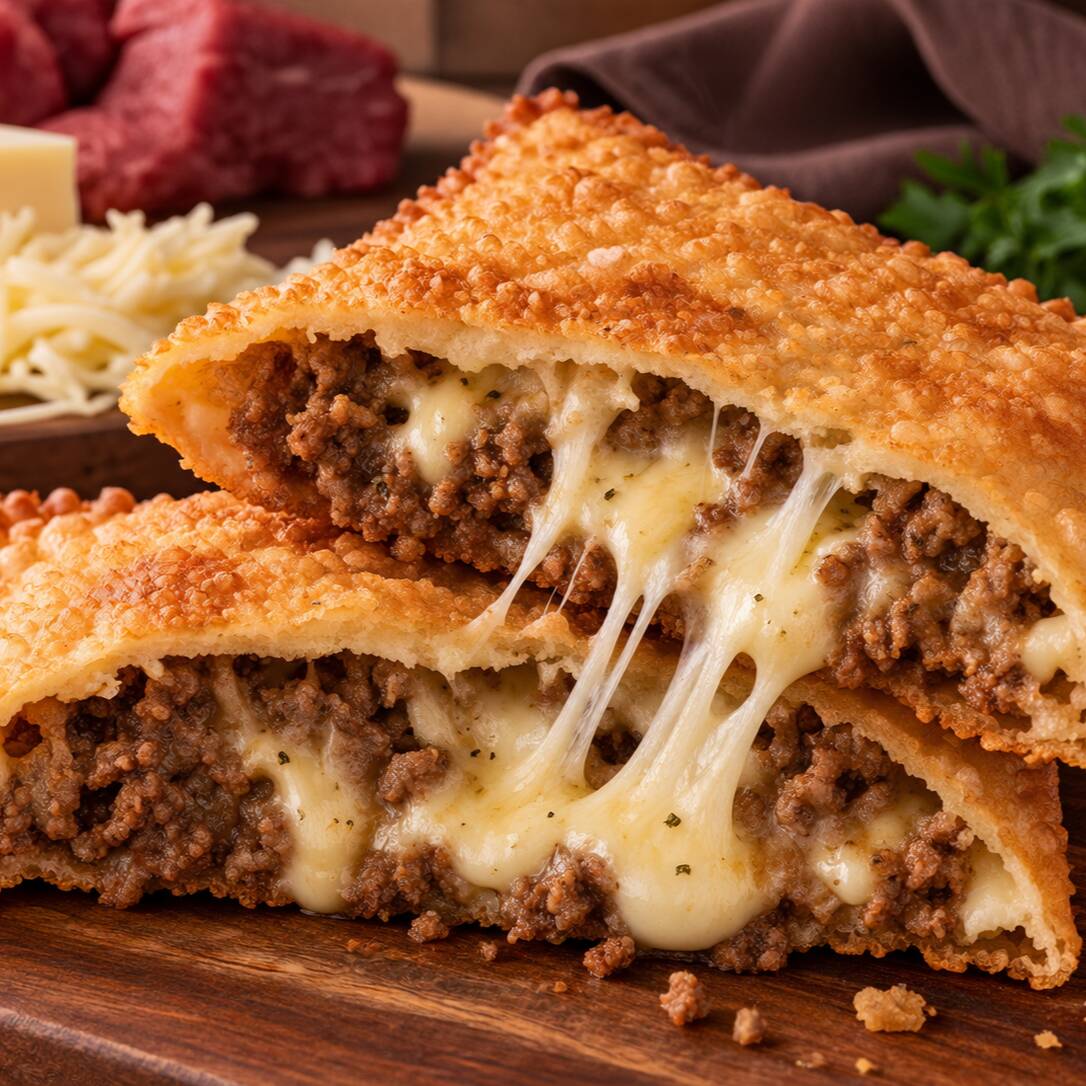 Pastel crocante e sequinho, recheado com carne moída temperadinha e bastante queijo derretido. Uma combinação bem recheada e preparada na hora.