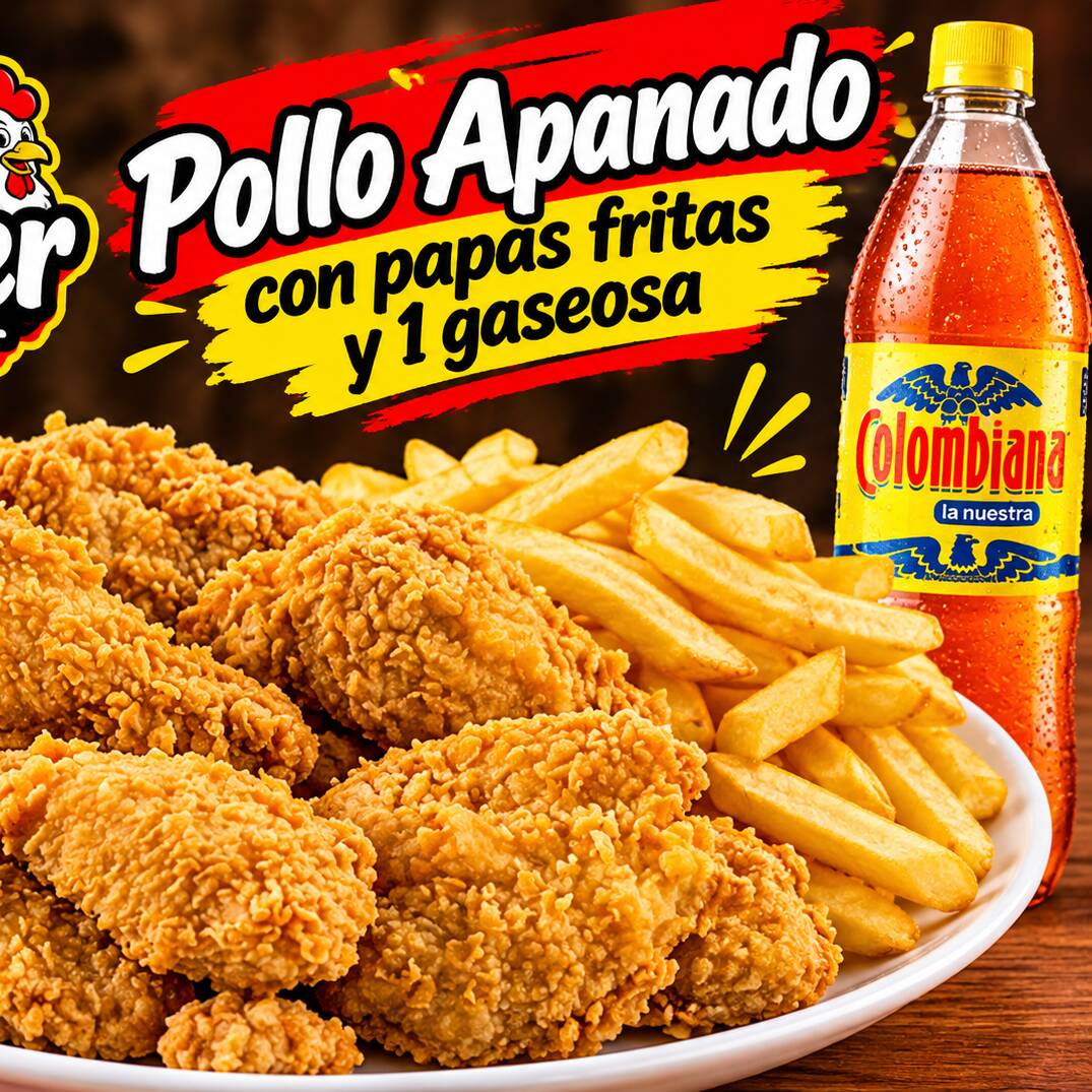 Pollo Apanado + Bebida + Acompañamiento GRATIS
