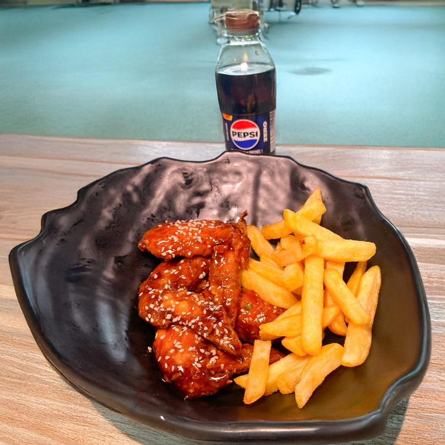 Alitas teriyaki + papas + bebida