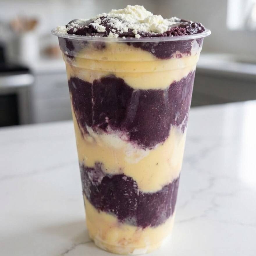 Açaí natural de 500ml, com camadas alternadas com sorvete. Acompanha leite em pó, Kit Kat e canudinho de biscoito.