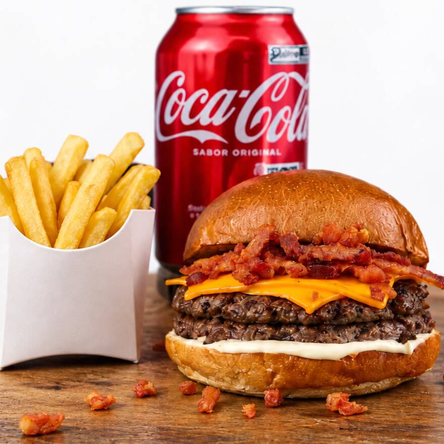 Pão de brioche, 2x hambúrguer artesanal Bovino 70gramas tipo smash, fatias de bacon crocante, queijo cheddar, maionese artesanal defumada +90 gramas de batata frita + coca cola 350ml. Lanche preparado na hora do seu pedido. Ideal para 1 pessoas.