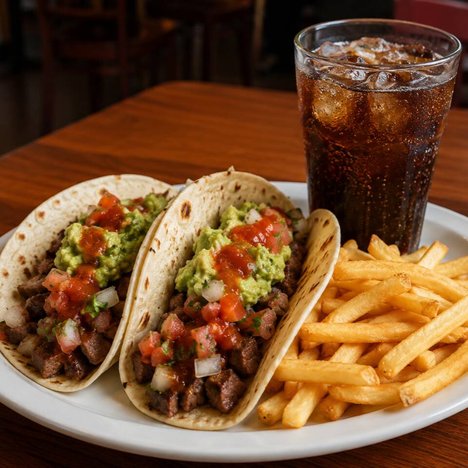 2 Tacos Carne Asada, Papas & Bebida