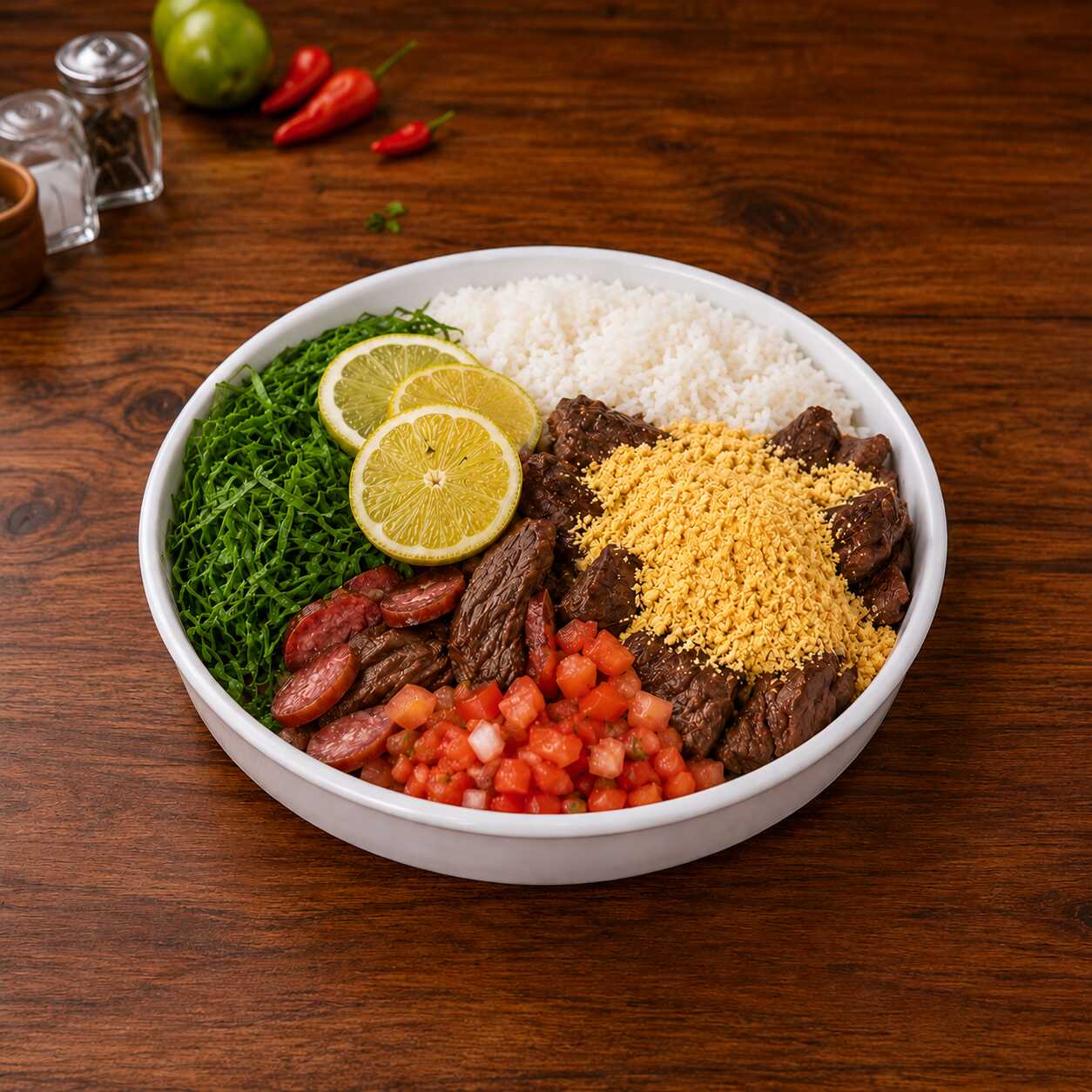 Feijoada Completa Com Feijão Preto, Carne-Seca, Paio, Linguiça E Costelinha De Porco, Servida Com Arroz Branco, Farofa, Couve Refogada E Laranja. Um Prato Tradicional, Farto E Cheio De Sabor.